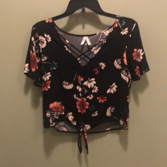Floral Black Top with Tie Front - Picture 1 of 3